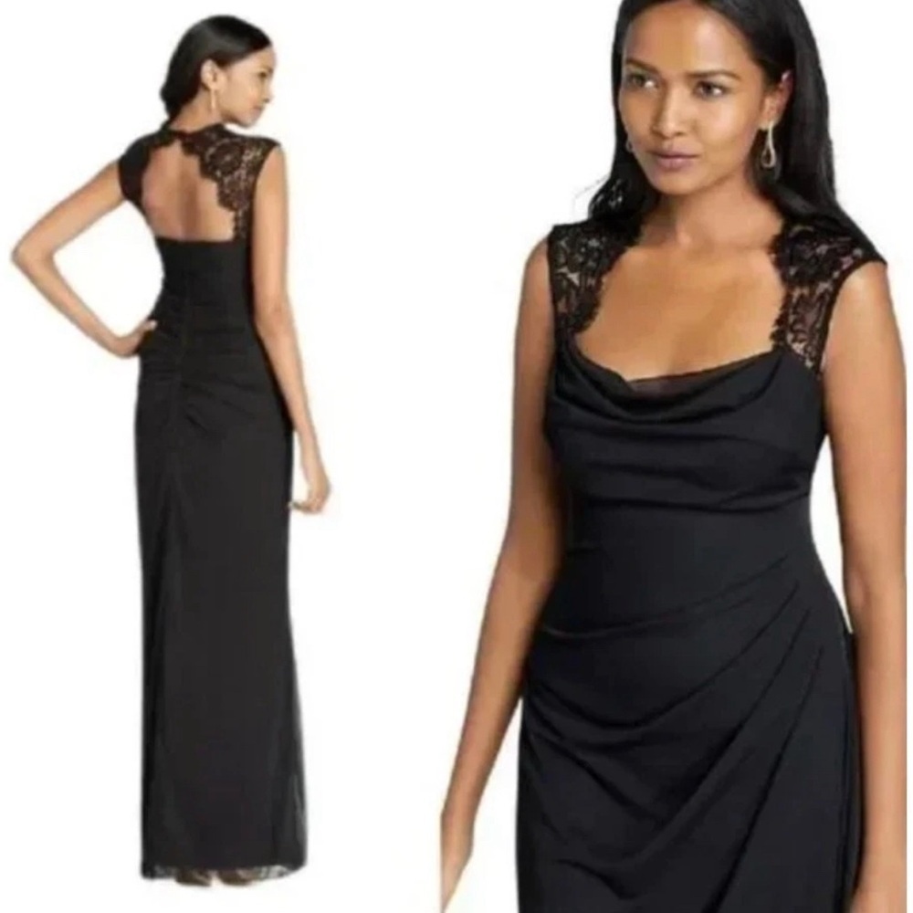 Xscape Black Lace Shoulder Maxi Formal Dress Ruched Back FloorLength 14 Fourteen